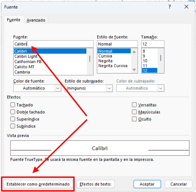 Calibri predeterminado