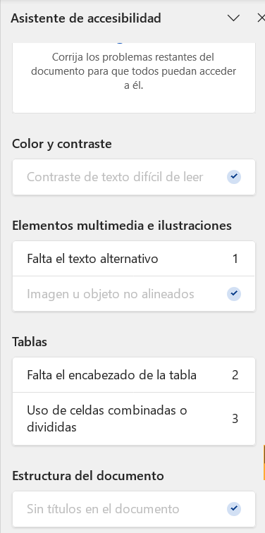 Panel del asistente de accesibilidad