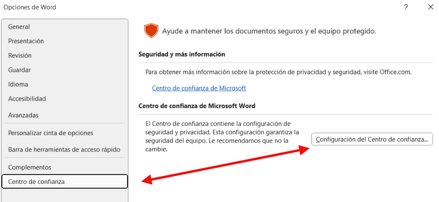 Ventana opciones con el centro de confianza