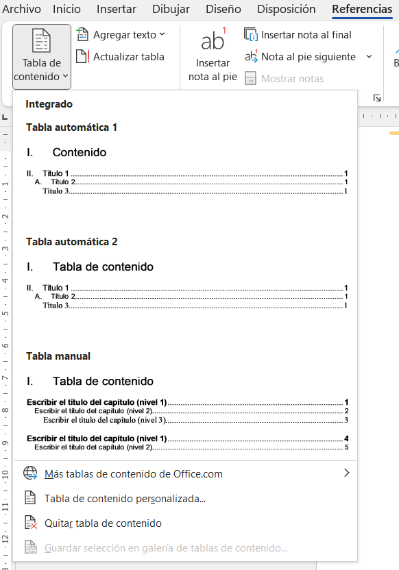 Índice o tabla de contenidos