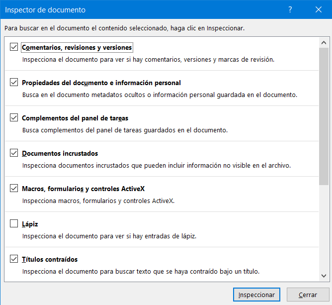 Inspector del documento con metadatos ocultos