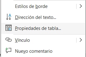 Propiedades de tabla