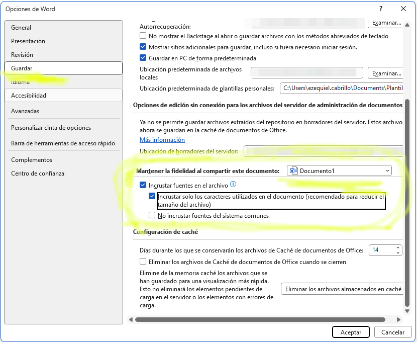 Ficha de opciones para guardar la fidelidad del documento