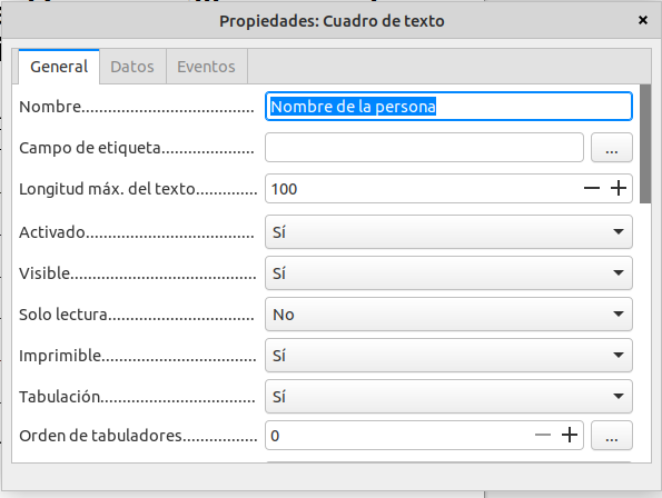 Diálogo de control de un campo