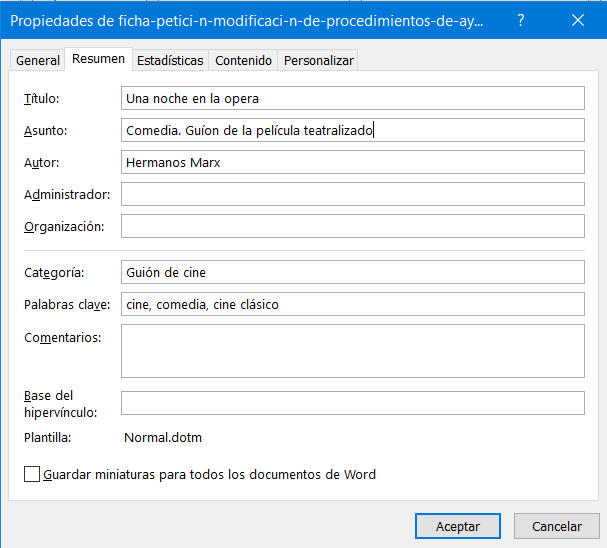 Todas los metadatos del documento